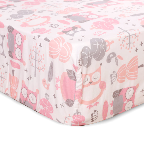 Night Owl Crib Fitted Sheet - Pink